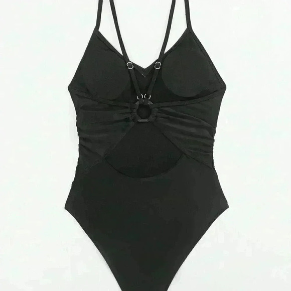 Black Women's Summer Beach Cut Out Ring Linked One Piece Swimsuit - Picture 5 of 8